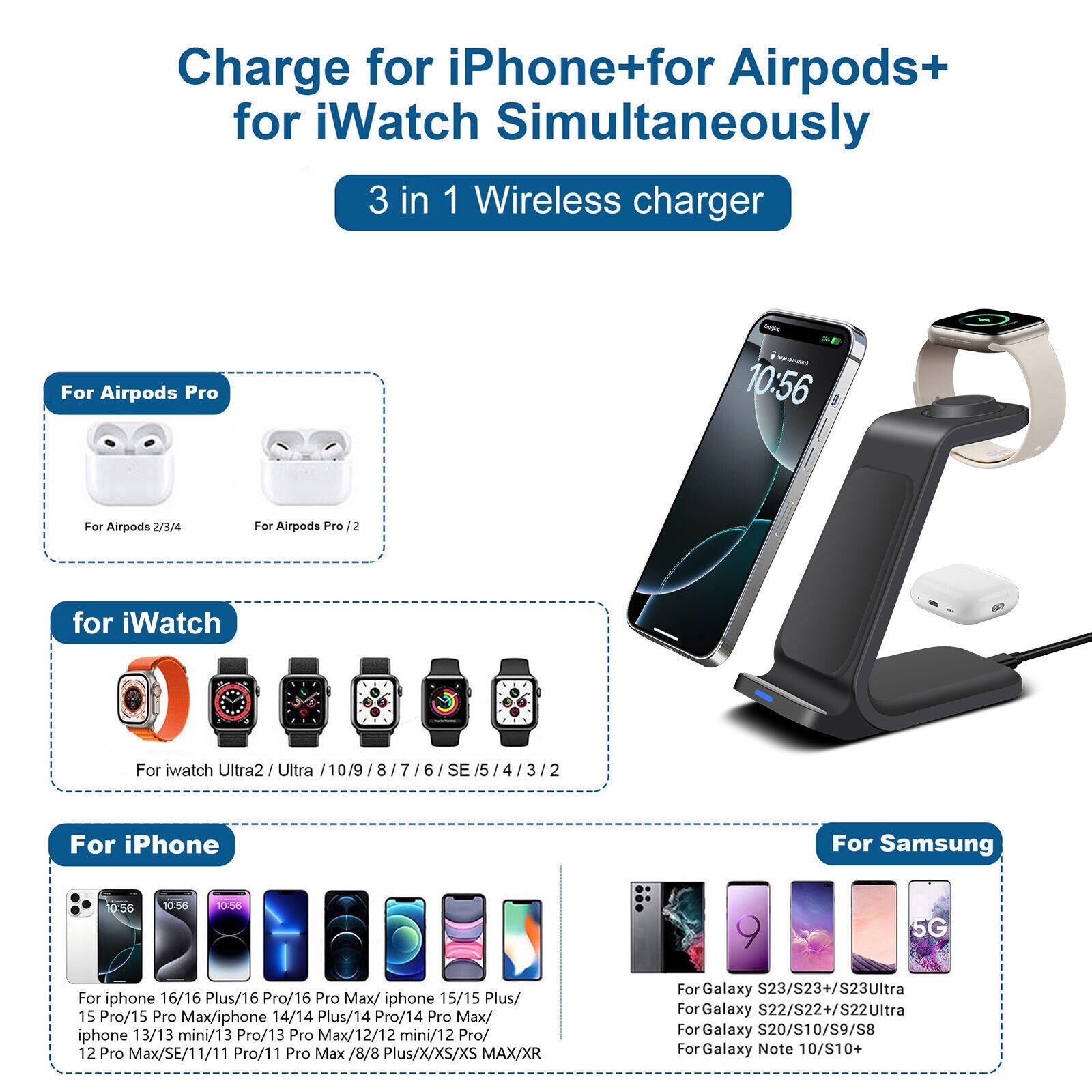 Wireless Charger Dock Charging Station 3 in 1 for Apple Watch Iphone 17 16 15 14