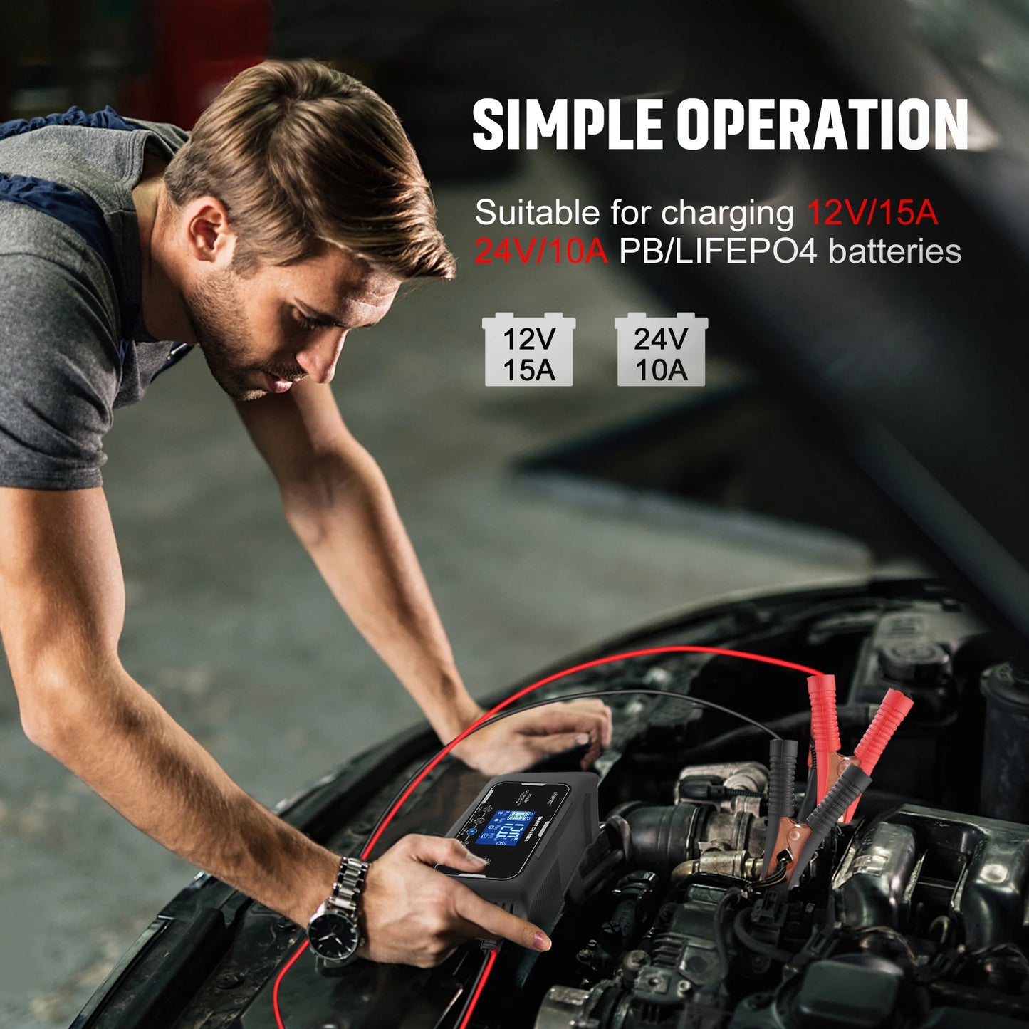 12V-24V 35A/25A/20A/15A/10A Car Battery Charger LCD Automatic Pulse Repair Charge for Lifepo4 AGM Lead-Acid Lithium Batteri