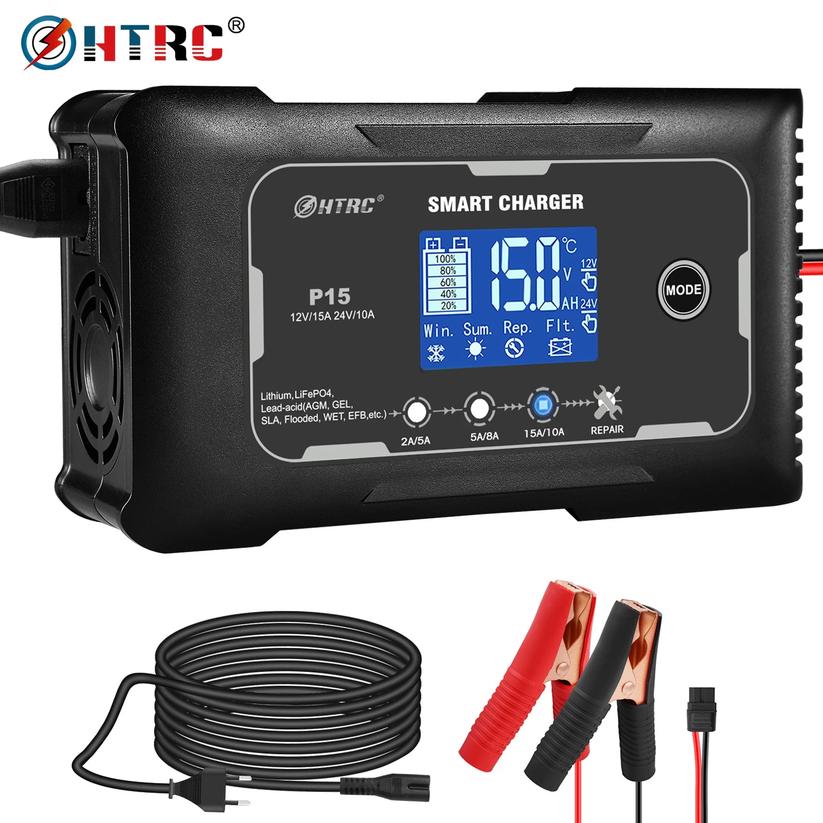 12V-24V 35A/25A/20A/15A/10A Car Battery Charger LCD Automatic Pulse Repair Charge for Lifepo4 AGM Lead-Acid Lithium Batteri
