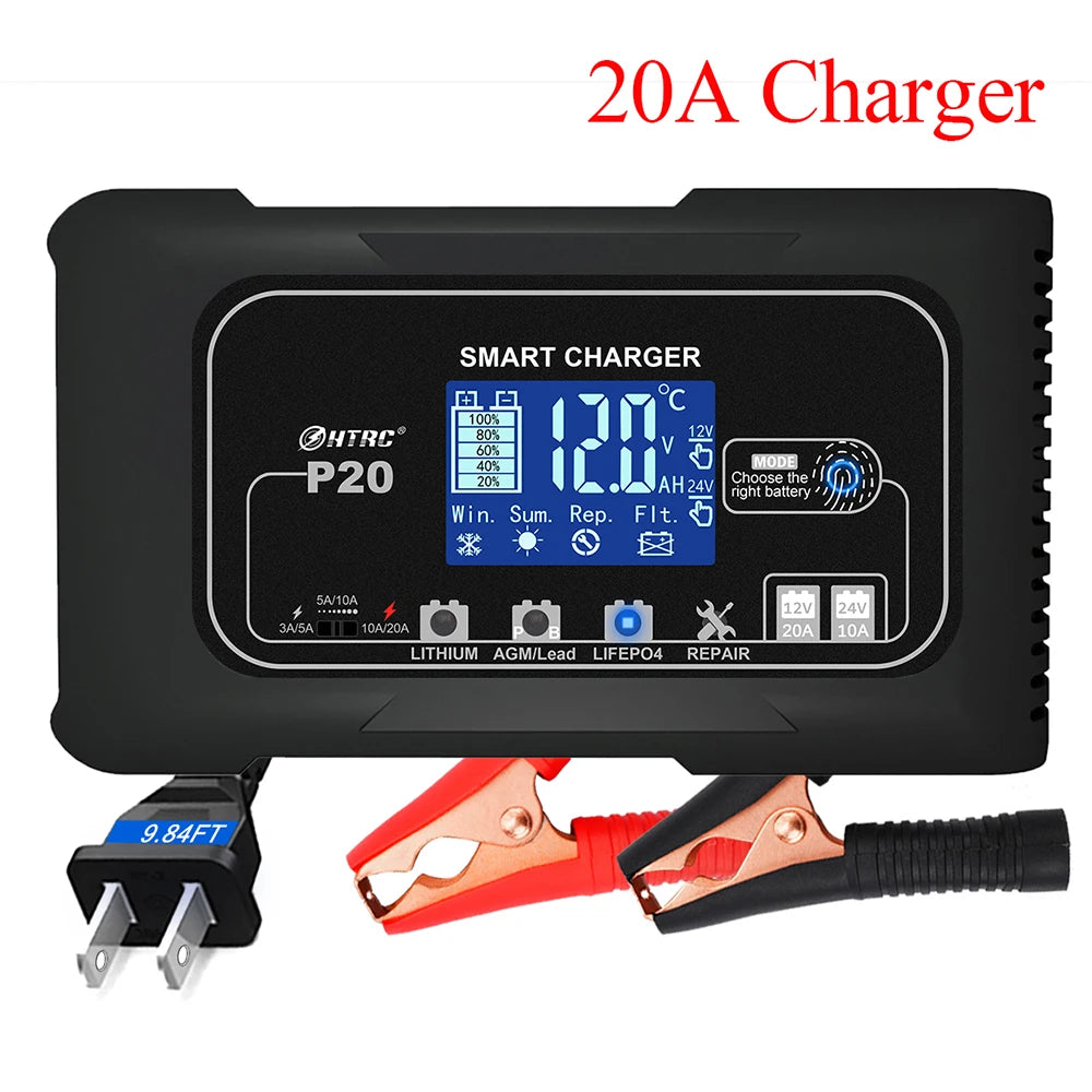 12V-24V 35A/25A/20A/15A/10A Car Battery Charger LCD Automatic Pulse Repair Charge for Lifepo4 AGM Lead-Acid Lithium Batteri